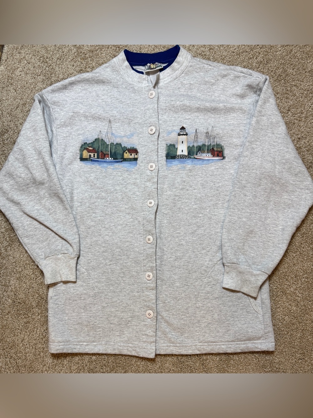 Coastal Grandma Nautical Lighthouse Cardigan Sweater Large w pockets Day Breeze